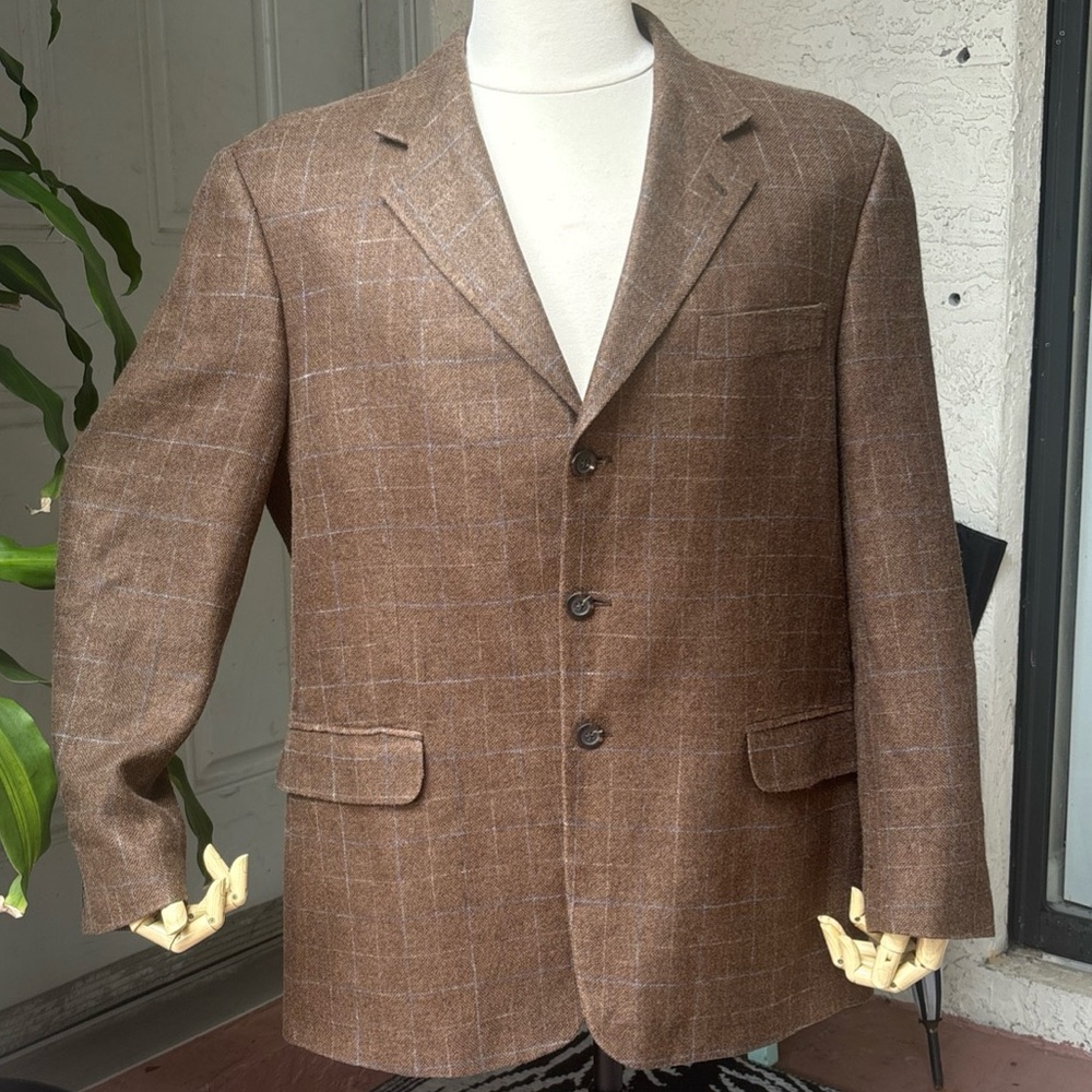 Today's Man E Thomas Men's Silk Wool Blazer Brown Plaid Blue Italy Nerano Sz 43